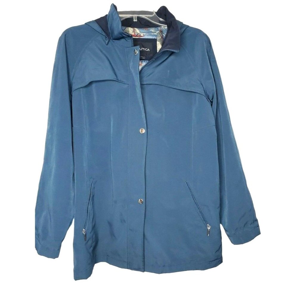 Nautica Blue Navy Removable Hood Rain Sailing Boat Graphic Lining Large Jacket